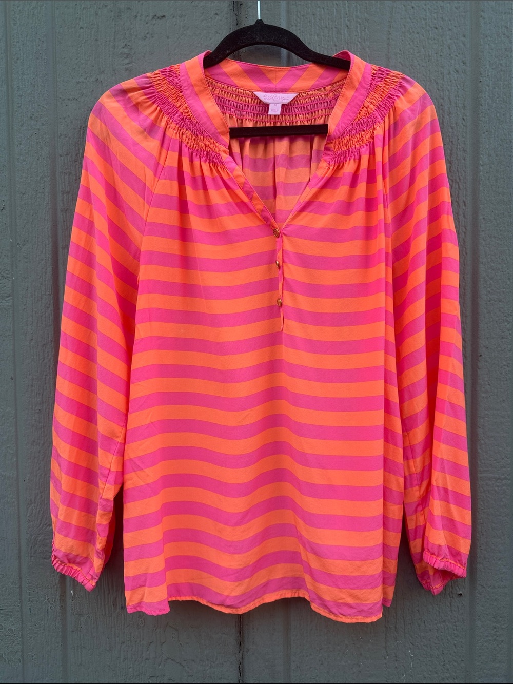 Lilly Pulitzer 100% Silk Elsa Striped Pink & Orange Women's Peasant Top Size: M